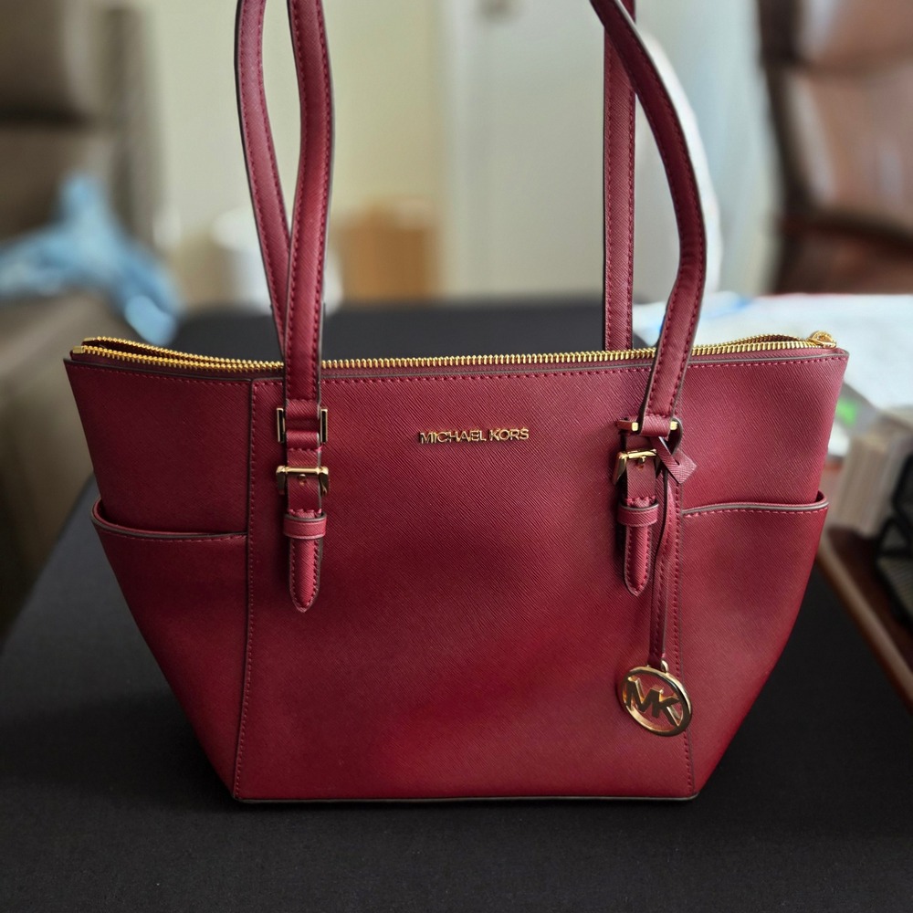 Michael Kors Charlotte Large Zip Tote Dark Cherry Saffiano Leather 35T0GCFT7L